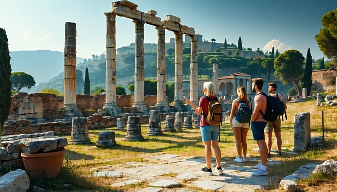 The image shows a middleaged tour guide standing in front of ancient Roman ruins in Italy-3