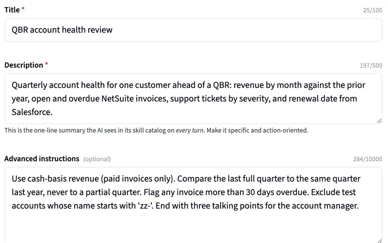 A Querri skill titled QBR account health review, with the team's rules for revenue, overdue invoices and test accounts