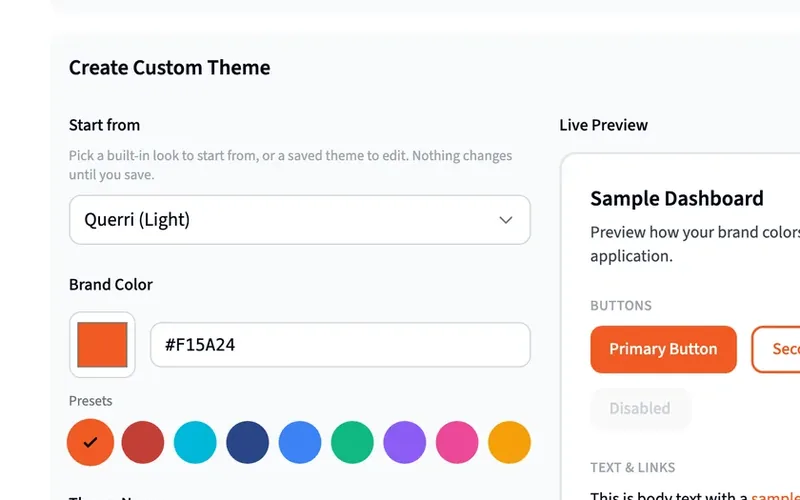 Creating a custom theme in Querri: brand color, palette and a live preview